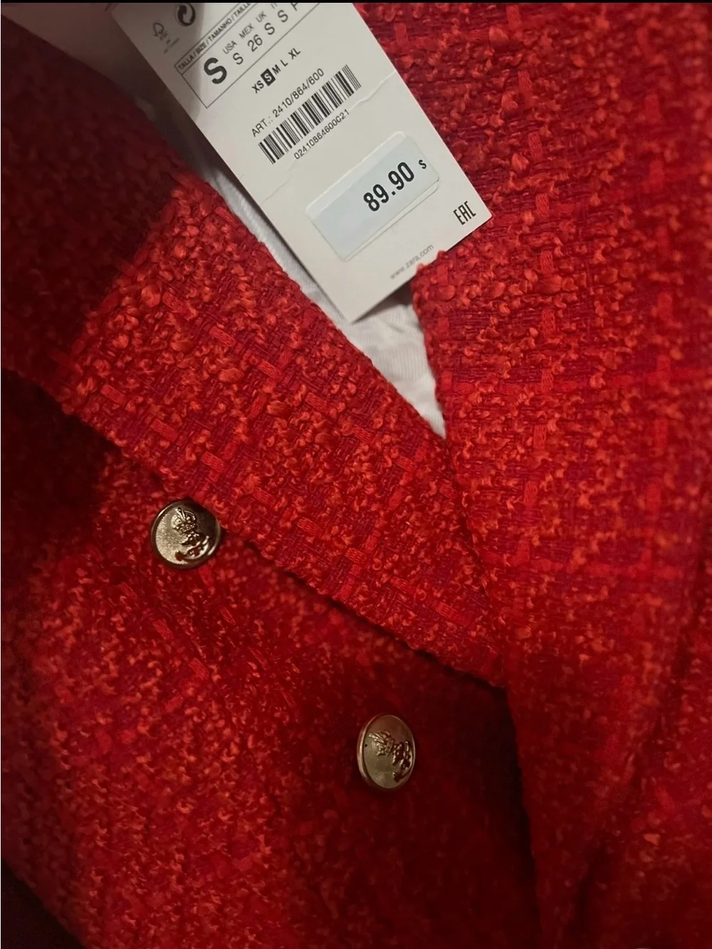 ZARA Red Tweed Double-Breasted Blazer with Gold Buttons - Picture 5 of 5